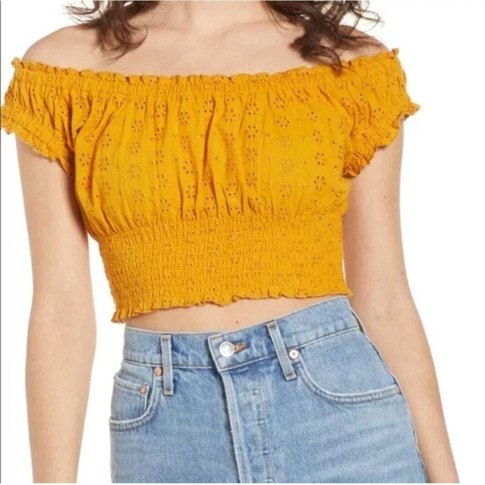 Sky and Sparrow - Mustard Eyelet Smocked Cotton Crop Top - Sz M